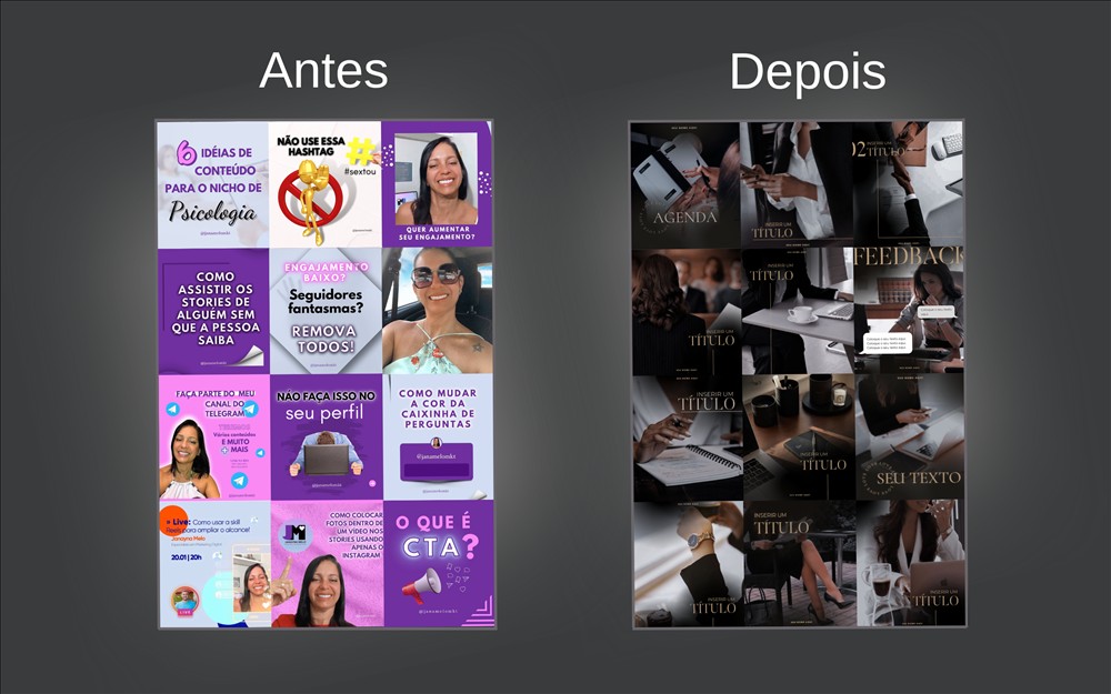 Ilustração: um feed antes e depois de usar os modelos